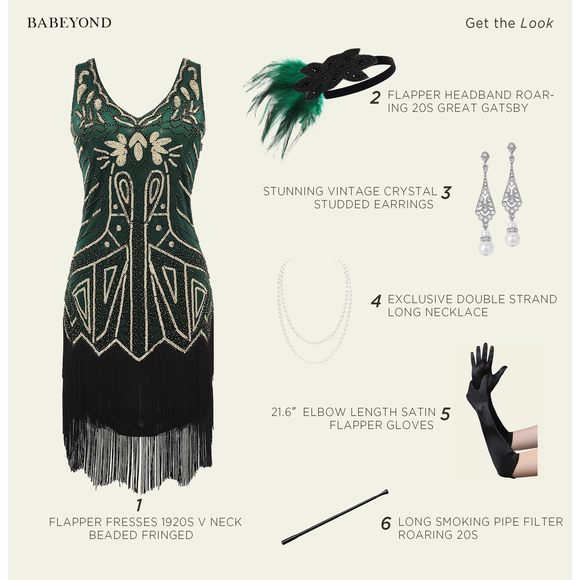 Women’s Flapper Dresses Set 1920s V Neck Beaded Fringed Great Gatsby Dress🐭 Accessories